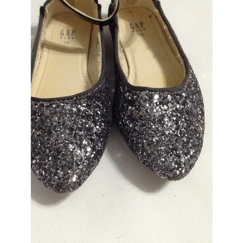 GAP Kids Girls Silver Glitter Ballet Flats Ankle Strap Dress Shoe Zipper Size 12